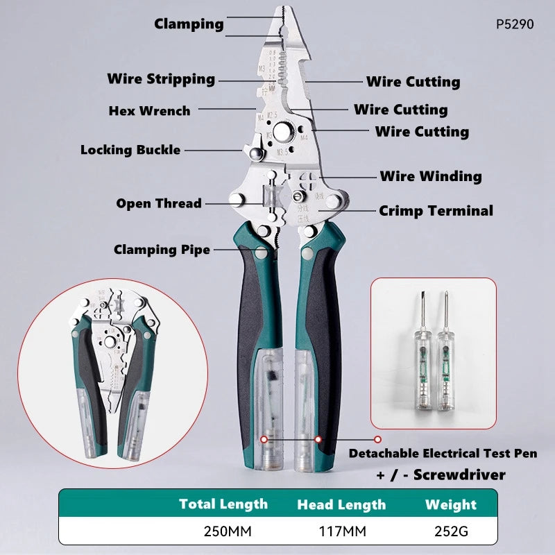Multifunctional Foldable Wire Cutting and Stripping Pliers with Voltage Testing and Cable Crimping Capabilities for Electricians
