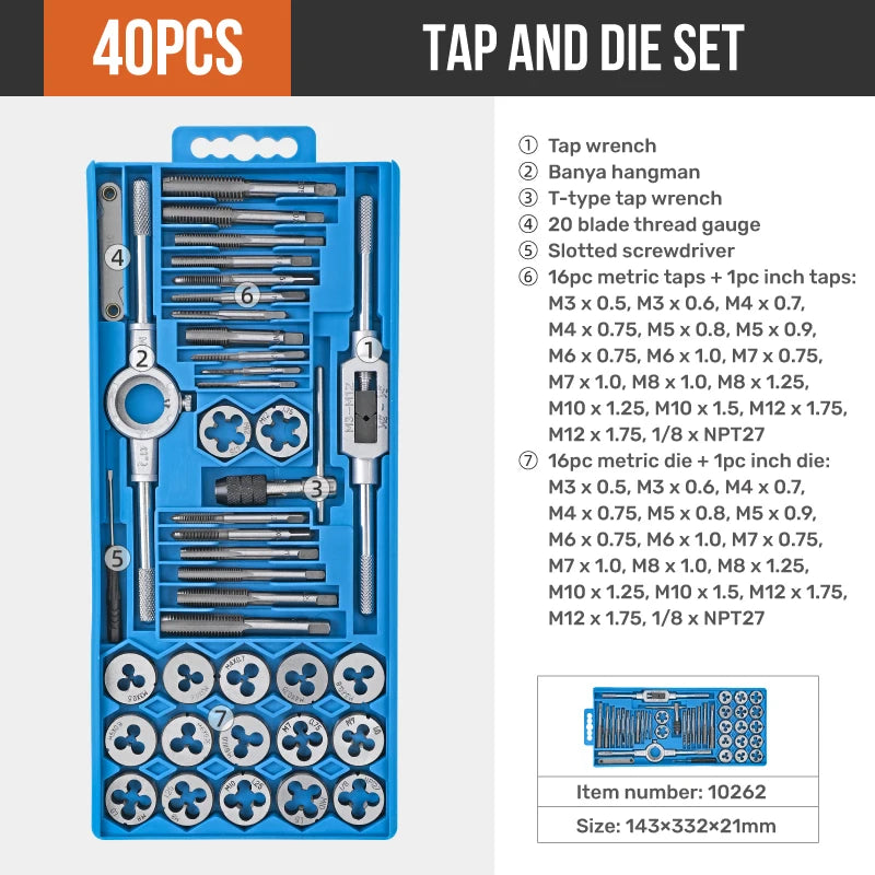 Mechanic Tap and Die Set Thread Kit Hand Screw Thread Tool Kit