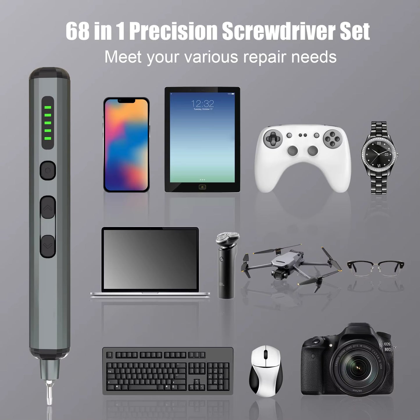 Mini Precision Electric Screwdriver Set 68 in 1 Power Repair Tool with 64 Magnetic Torx Phillips Drill Bits 5 Torque Settings