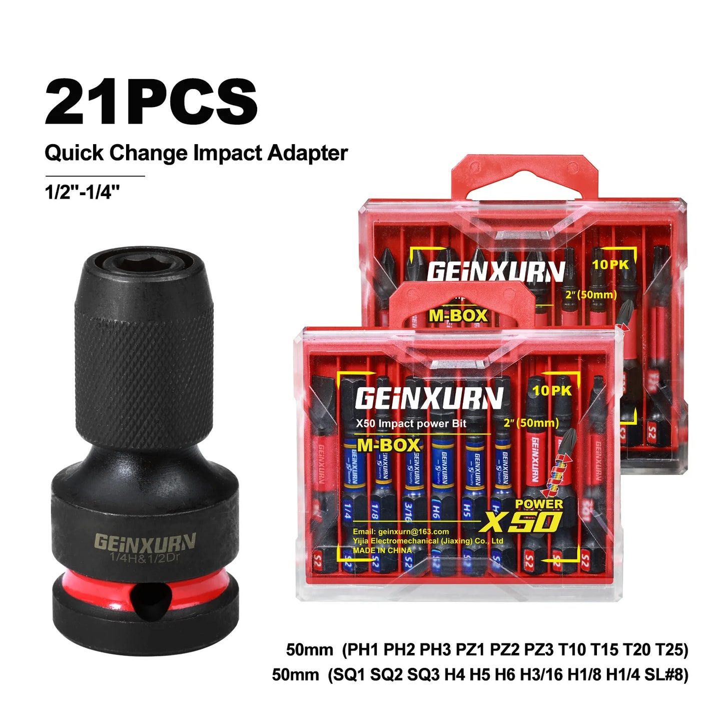 Impact Screwdriver Bit Holders: 1/2-Inch Square Drive to 1/4-Inch Quick Release Hex Socket Adapter with Included Screwdriver Bits
