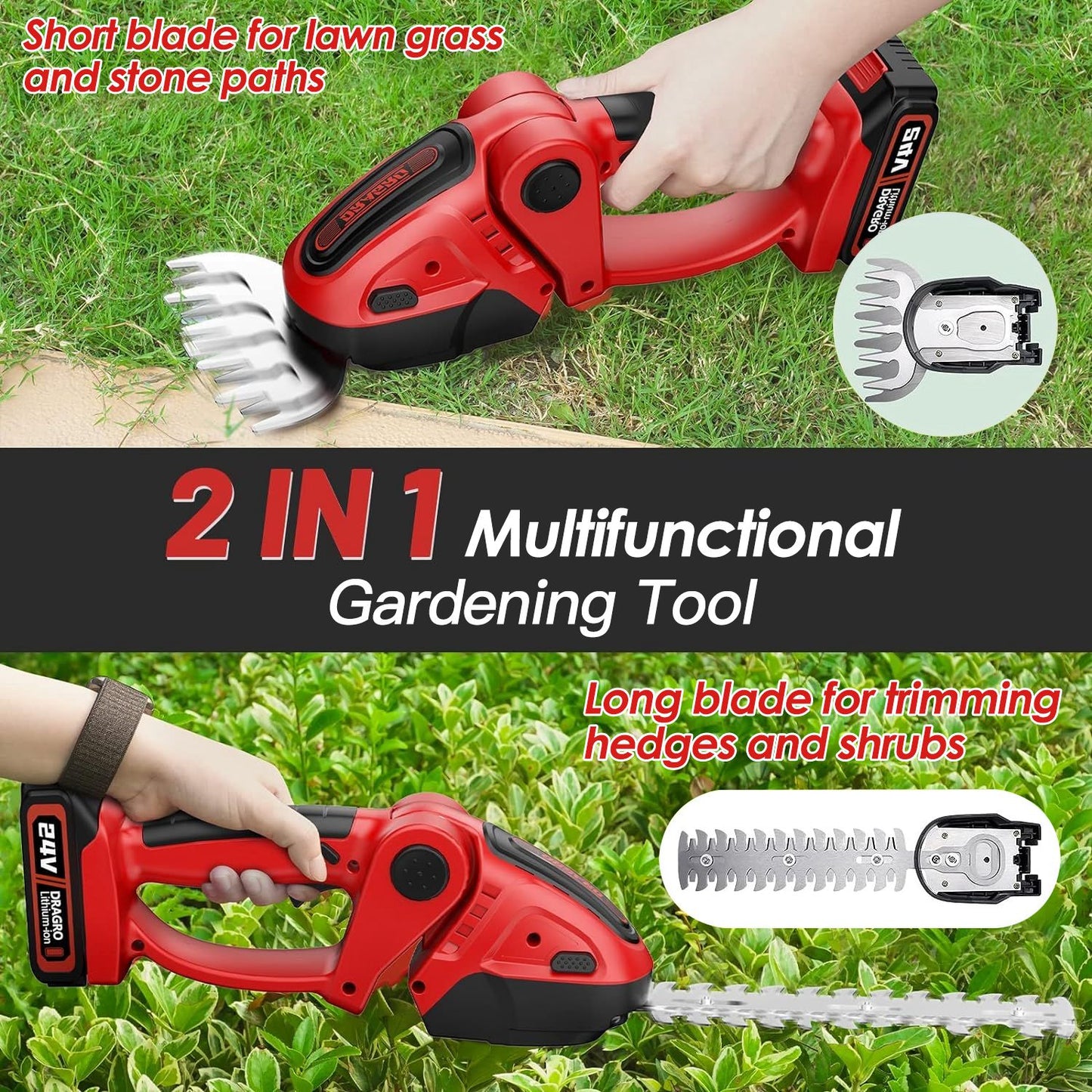 1Set 24V Cordless Handheld Grass Shear Hedge Trimmer with 90 Degree Cutting Angle 2Pcs Replaceable Blades Detachable Battery for Garden Lawn