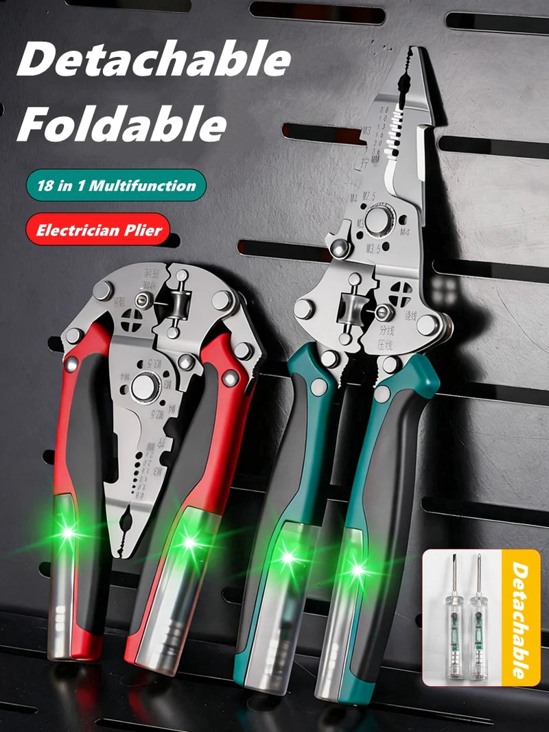 Multifunctional Foldable Wire Cutting and Stripping Pliers with Voltage Testing and Cable Crimping Capabilities for Electricians