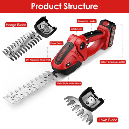 1Set 24V Cordless Handheld Grass Shear Hedge Trimmer with 90 Degree Cutting Angle 2Pcs Replaceable Blades Detachable Battery for Garden Lawn