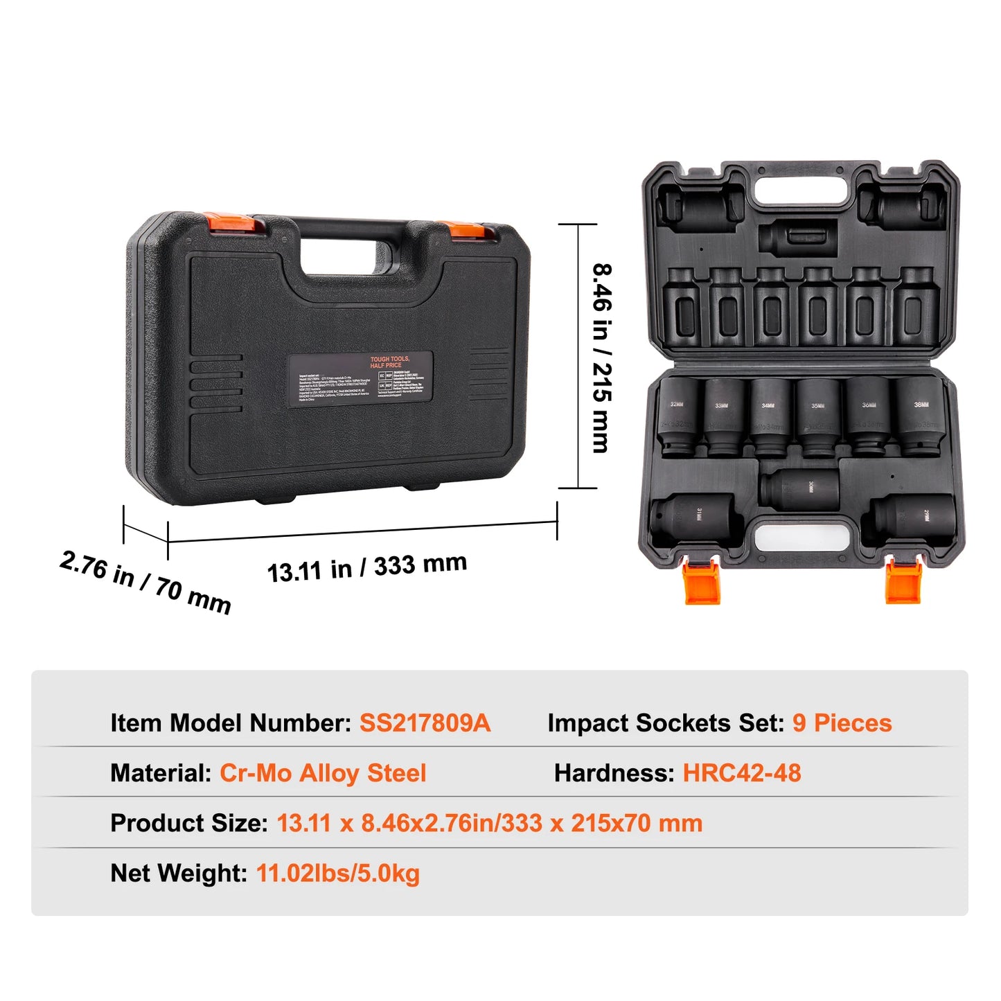 Drive Impact Socket Set 9/11 Piece Deep Socket Set for Auto Repair Ratchet Tool Kit