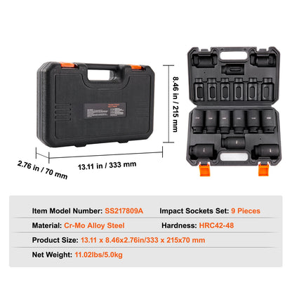  Drive Impact Socket Set 9/11 Piece Deep Socket Set for Auto Repair Ratchet Tool Kit