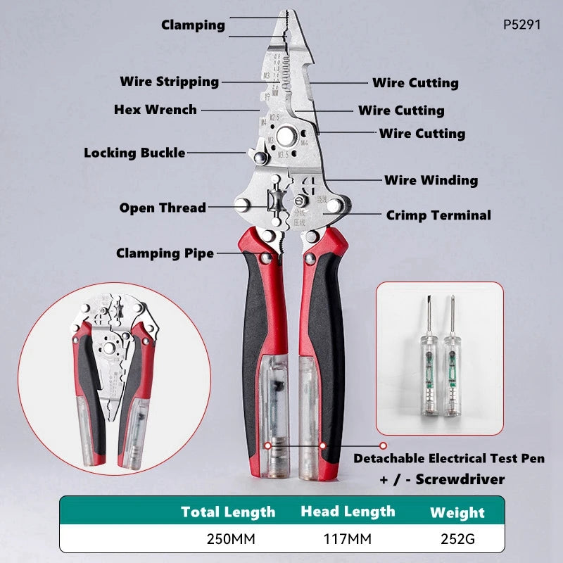 Multifunctional Foldable Wire Cutting and Stripping Pliers with Voltage Testing and Cable Crimping Capabilities for Electricians