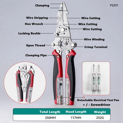 Multifunctional Foldable Wire Cutting and Stripping Pliers with Voltage Testing and Cable Crimping Capabilities for Electricians
