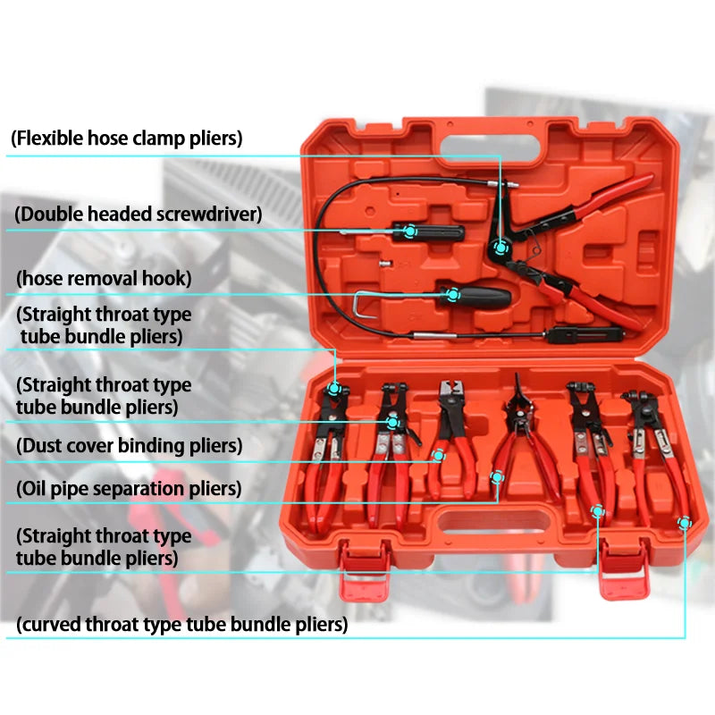 9-Piece Automotive Hose Clamp Pliers Set for Flexible Wire Cable Joint Boot Removal and Oil Seal Installation - Car Repair Tools
