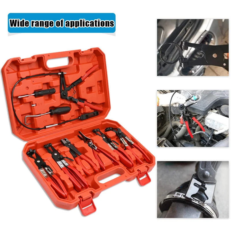 9-Piece Automotive Hose Clamp Pliers Set for Flexible Wire Cable Joint Boot Removal and Oil Seal Installation - Car Repair Tools