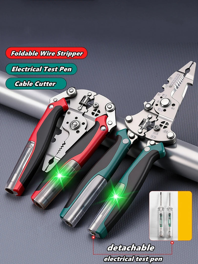Multifunctional Foldable Wire Cutting and Stripping Pliers with Voltage Testing and Cable Crimping Capabilities for Electricians