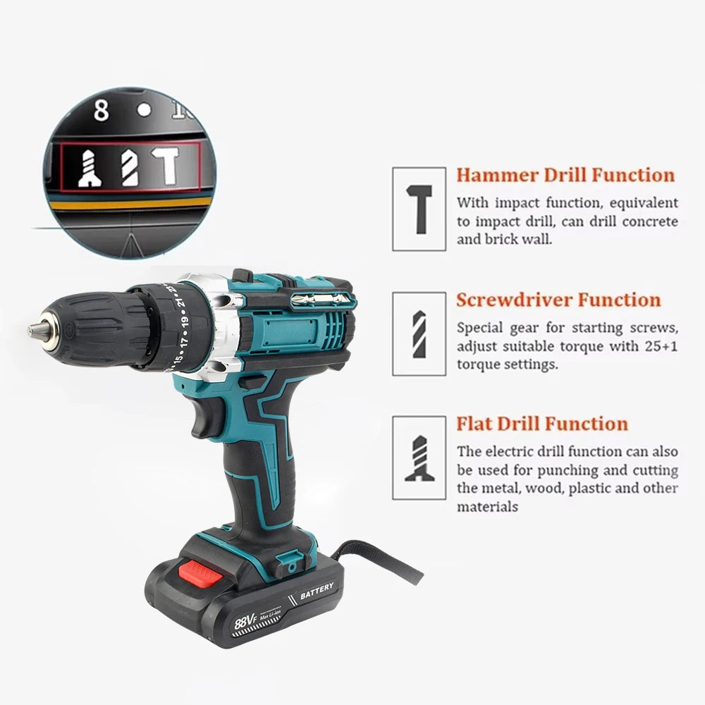 Cordless Impact Drill Electric Screwdriver Rechargeable Handheld Hammer Drill Power Tool 25+3 Torque Driver Li-Ion Battery