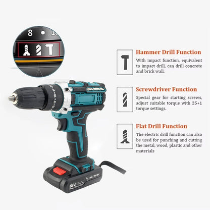 Cordless Impact Drill Electric Screwdriver Rechargeable Handheld Hammer Drill Power Tool 25+3 Torque Driver Li-Ion Battery