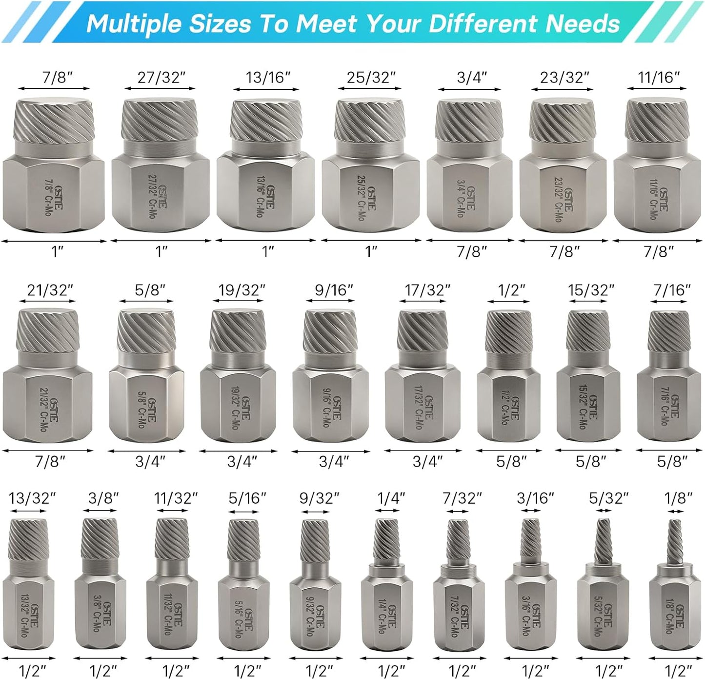 25-Piece Bolt and Screw Extractor Kit, Hex Head Multi-Spline Tool for Removing Broken and Stripped Fasteners, Made from Steel