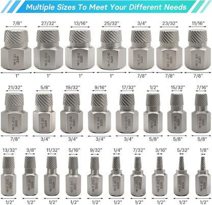 25-Piece Bolt and Screw Extractor Kit, Hex Head Multi-Spline Tool for Removing Broken and Stripped Fasteners, Made from Steel