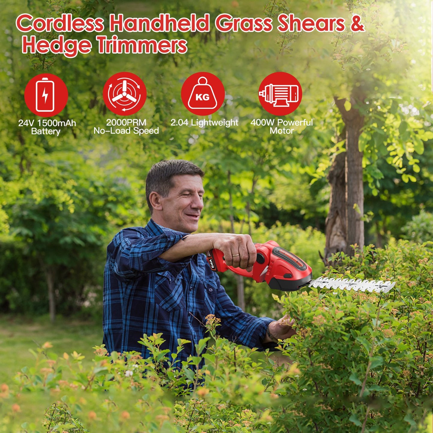 1Set 24V Cordless Handheld Grass Shear Hedge Trimmer with 90 Degree Cutting Angle 2Pcs Replaceable Blades Detachable Battery for Garden Lawn