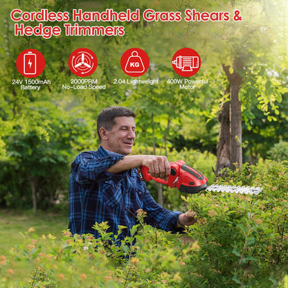 1Set 24V Cordless Handheld Grass Shear Hedge Trimmer with 90 Degree Cutting Angle 2Pcs Replaceable Blades Detachable Battery for Garden Lawn