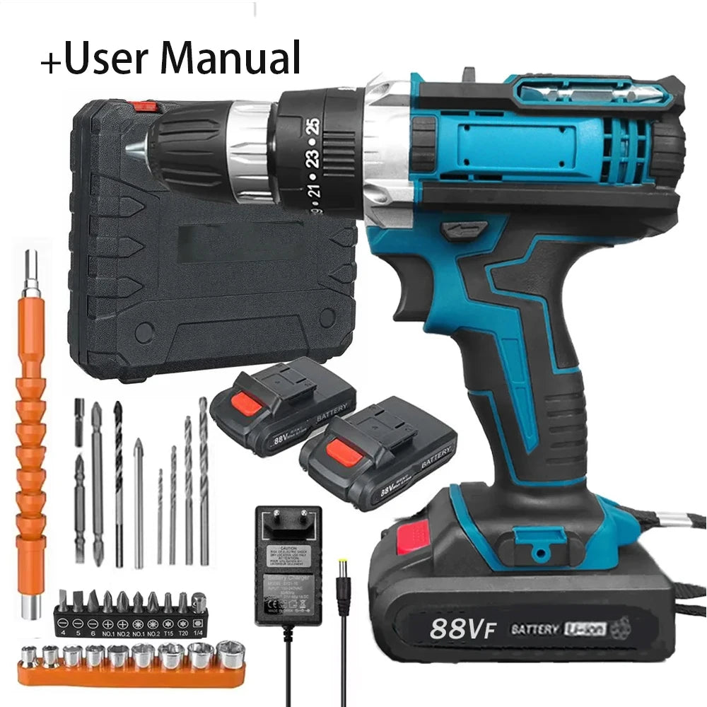 Cordless Impact Drill Electric Screwdriver Rechargeable Handheld Hammer Drill Power Tool 25+3 Torque Driver Li-Ion Battery