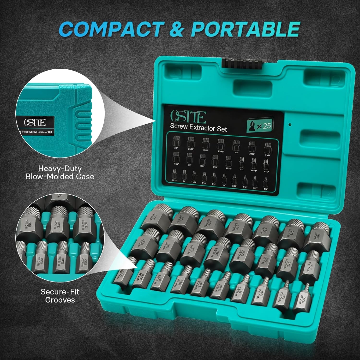 25-Piece Bolt and Screw Extractor Kit, Hex Head Multi-Spline Tool for Removing Broken and Stripped Fasteners, Made from Steel