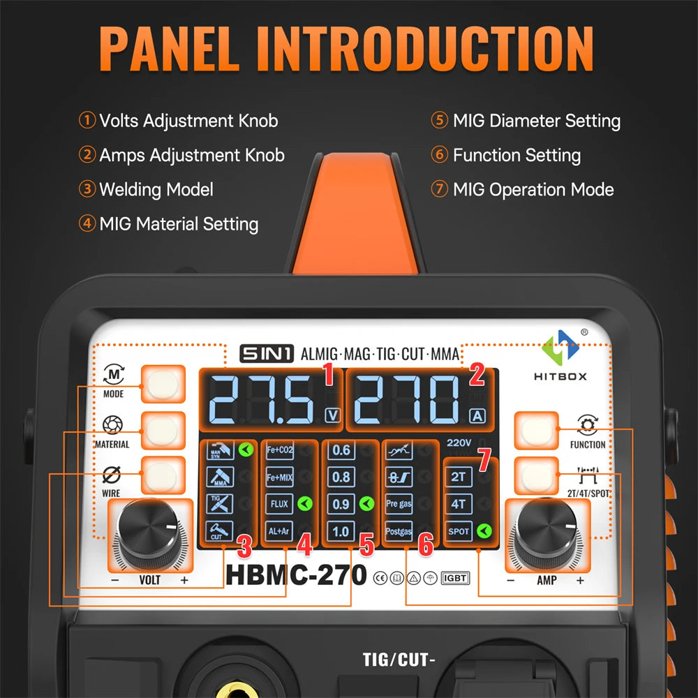 6 in 1 270A Aluminum Welding Machine  Digital Screen 2T 4T Inverter Welder Stainless