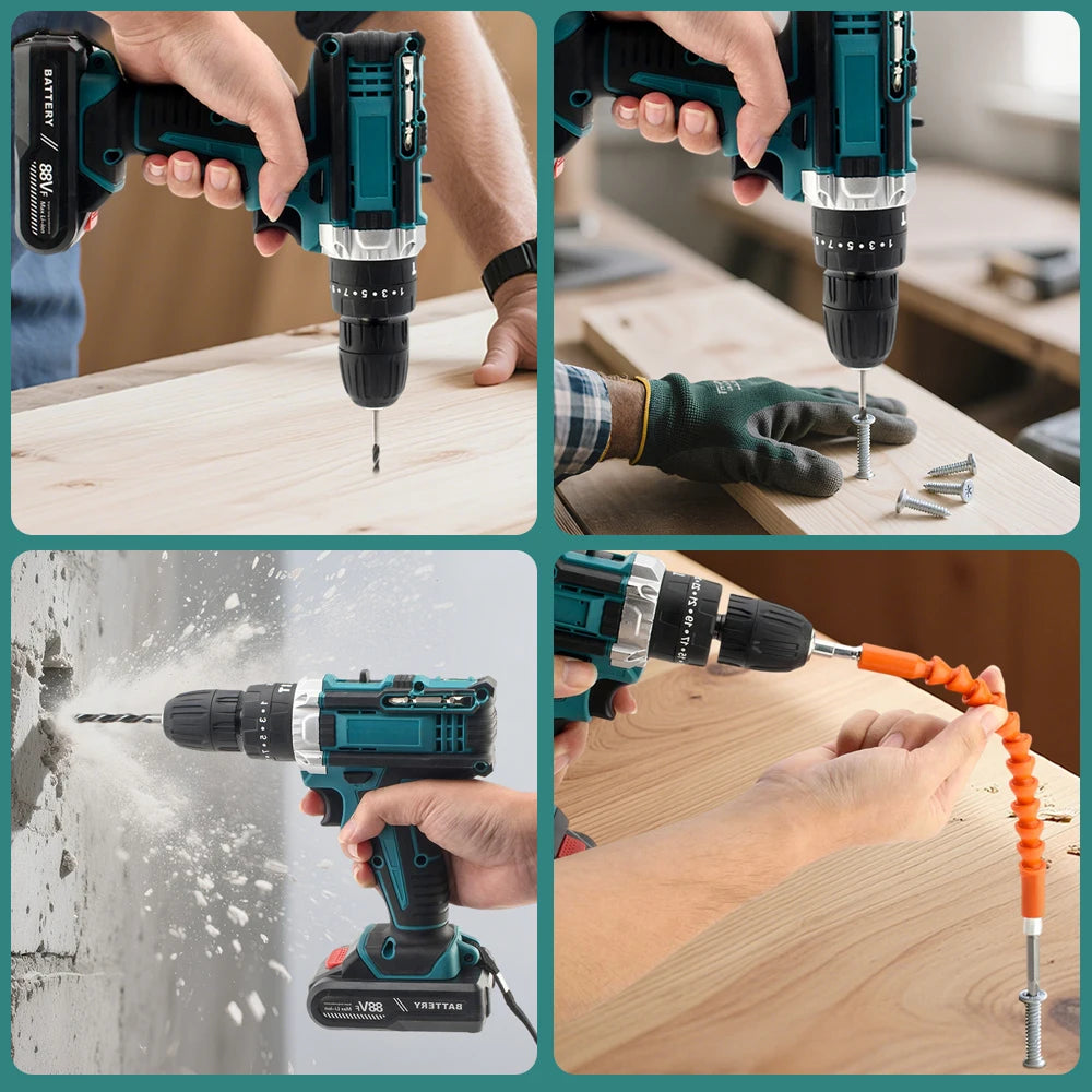 Cordless Impact Drill Electric Screwdriver Rechargeable Handheld Hammer Drill Power Tool 25+3 Torque Driver Li-Ion Battery