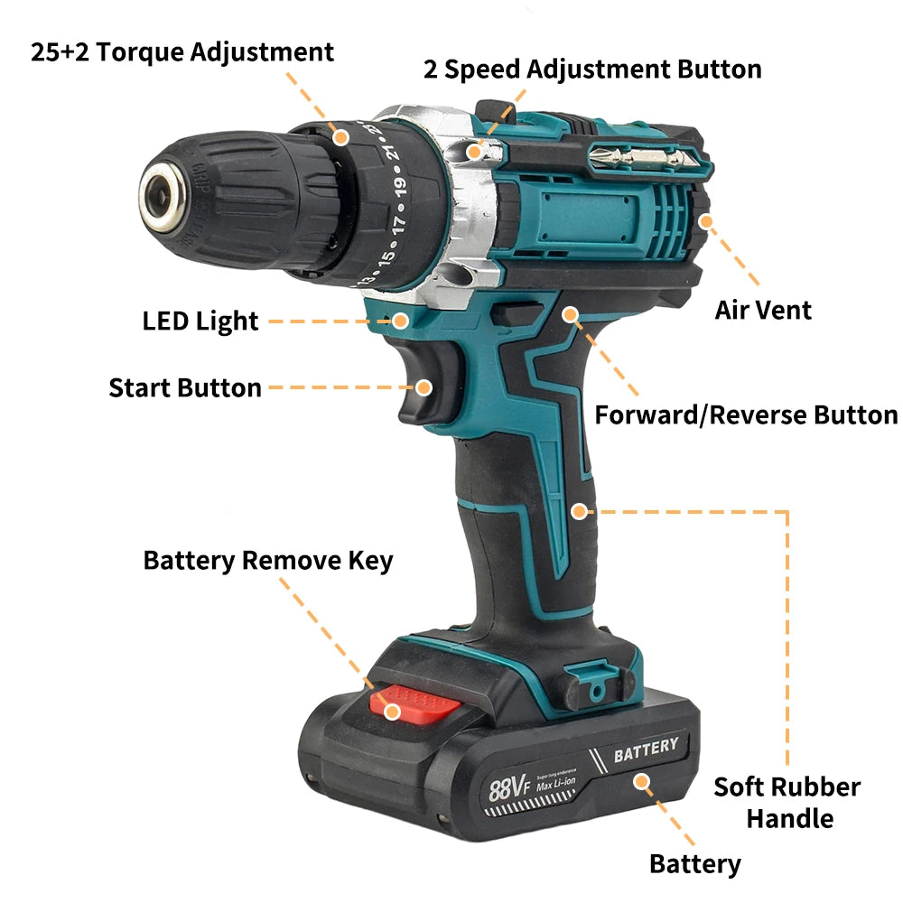 Cordless Impact Drill Electric Screwdriver Rechargeable Handheld Hammer Drill Power Tool 25+3 Torque Driver Li-Ion Battery