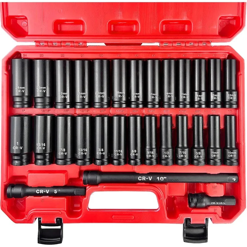 29Pcs Socket Set, Drive Deep Impact Socket Set, Including Impact Extension Bar, 