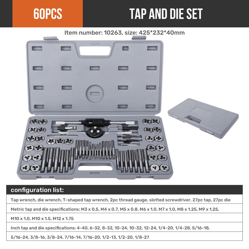 Mechanic Tap and Die Set Thread Kit Hand Screw Thread Tool Kit 