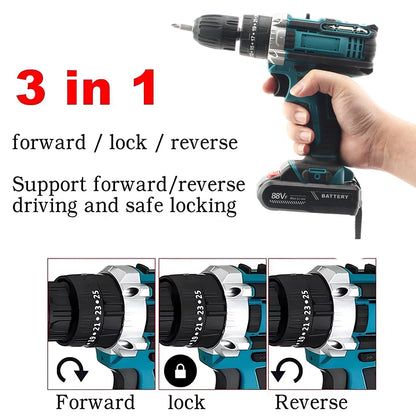 Cordless Impact Drill Electric Screwdriver Rechargeable Handheld Hammer Drill Power Tool 25+3 Torque Driver Li-Ion Battery