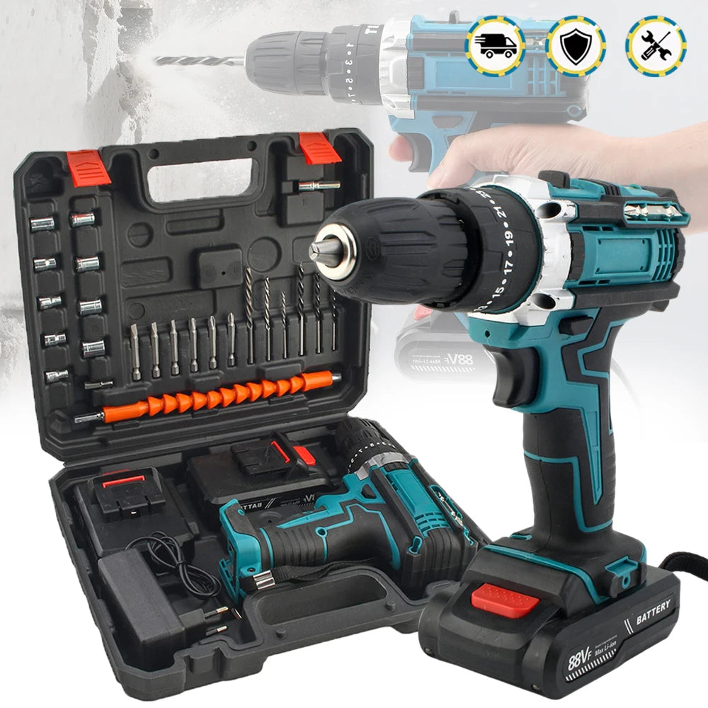 Cordless Impact Drill Electric Screwdriver Rechargeable Handheld Hammer Drill Power Tool 25+3 Torque Driver Li-Ion Battery