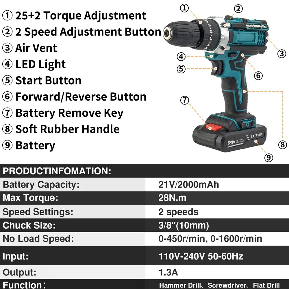 Cordless Impact Drill Electric Screwdriver Rechargeable Handheld Hammer Drill Power Tool 25+3 Torque Driver Li-Ion Battery