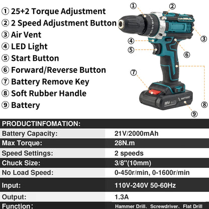 Cordless Impact Drill Electric Screwdriver Rechargeable Handheld Hammer Drill Power Tool 25+3 Torque Driver Li-Ion Battery