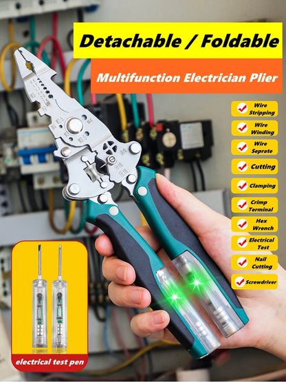 Multifunctional Foldable Wire Cutting and Stripping Pliers with Voltage Testing and Cable Crimping Capabilities for Electricians