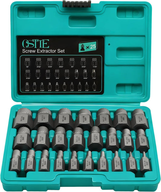 25-Piece Bolt and Screw Extractor Kit, Hex Head Multi-Spline Tool for Removing Broken and Stripped Fasteners, Made from Steel